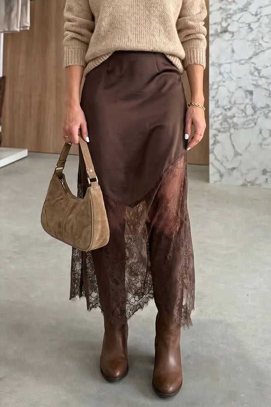 Dark Brown Lace Patchwork Hem Long Casual Shift Skirt-Bottoms/Skirts & Petticoat-[Adult]-[Female]-Dark Brown-S-2022 Online Blue Zone Planet