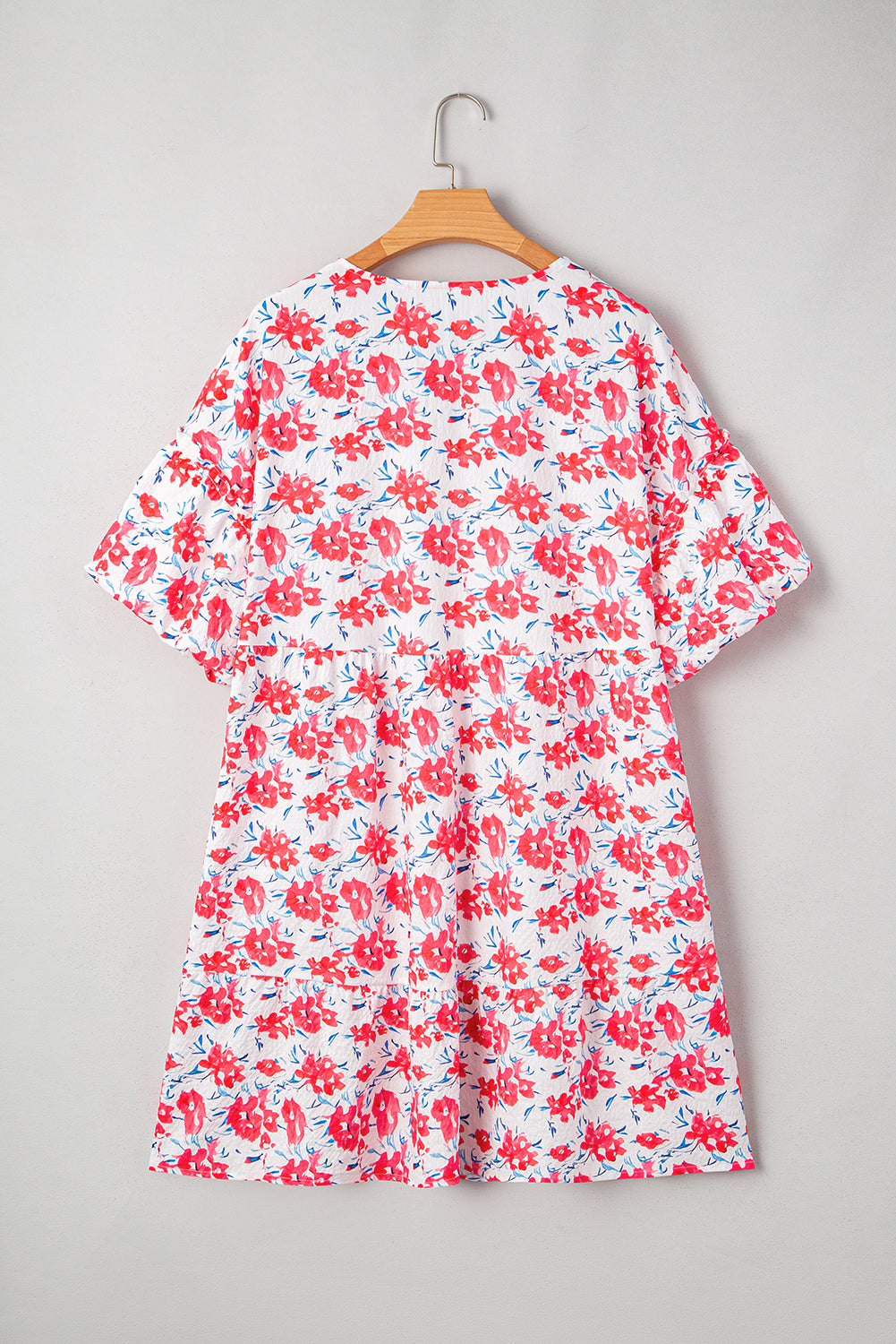Red Floral Ruffled Half Sleeve V Neck Plus Size Dress-TOPS / DRESSES-[Adult]-[Female]-2022 Online Blue Zone Planet