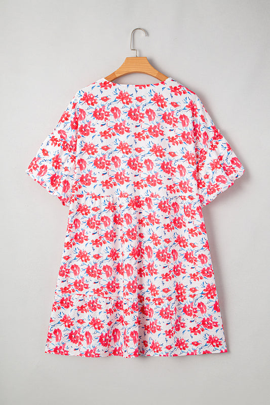 Red Floral Ruffled Half Sleeve V Neck Plus Size Dress-TOPS / DRESSES-[Adult]-[Female]-2022 Online Blue Zone Planet