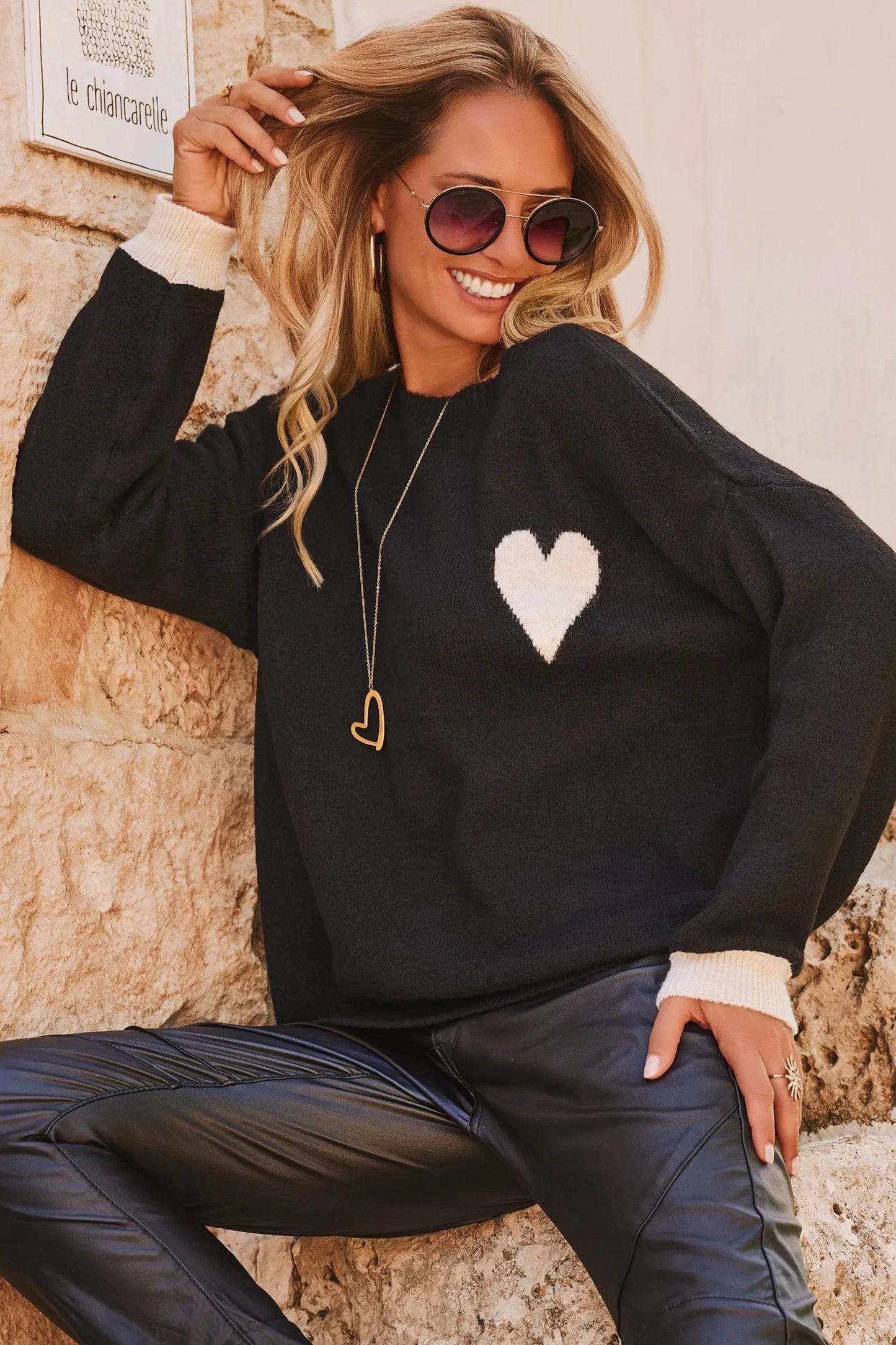 Black Heart Detail Contrast Cuffs Baggy Sweater-TOPS / DRESSES-[Adult]-[Female]-2022 Online Blue Zone Planet