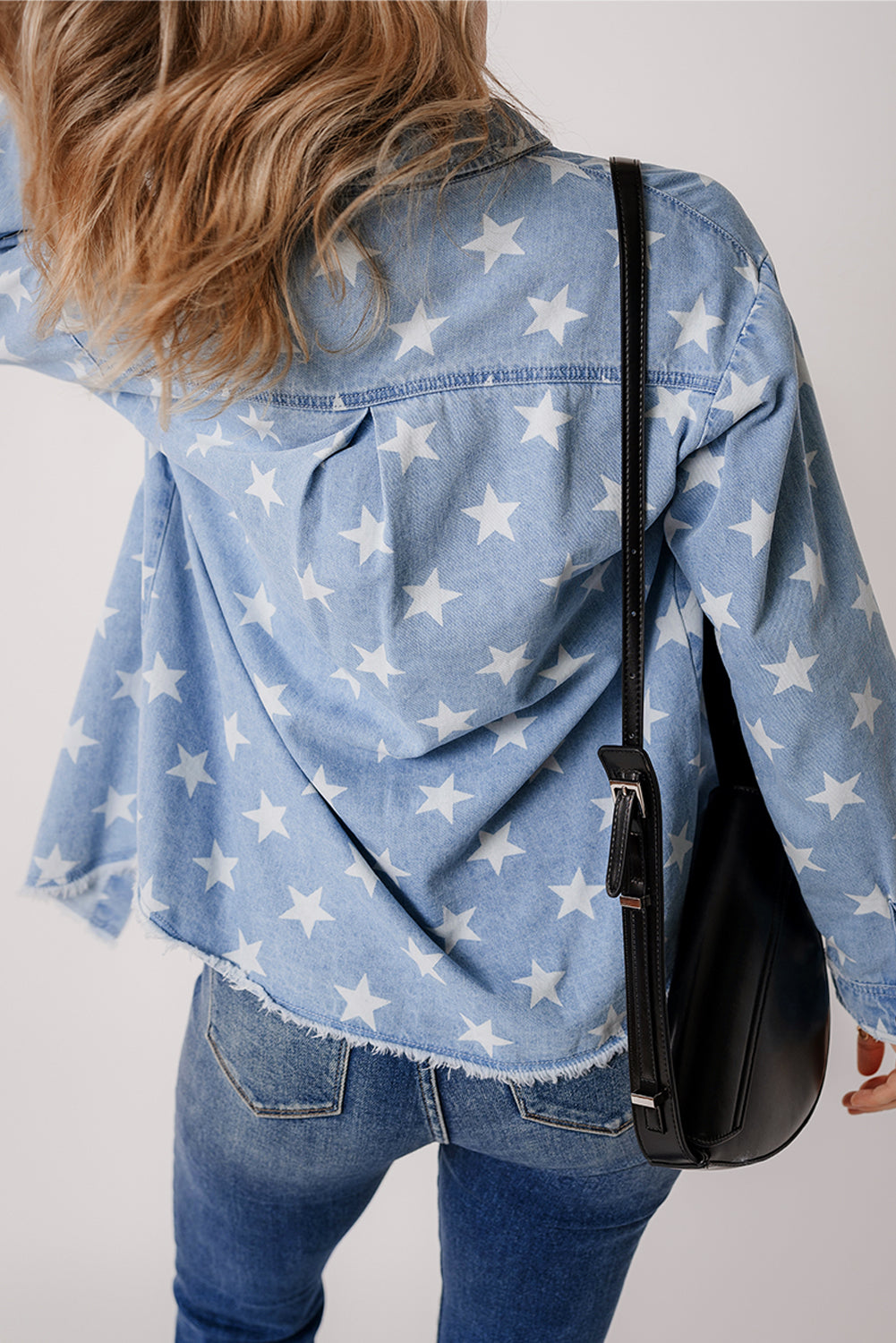 Blue Zone Planet | Sky Blue Star Print Light Wash Raw Hem Denim Jacket-Outerwear/Denim jackets-[Adult]-[Female]-2022 Online Blue Zone Planet