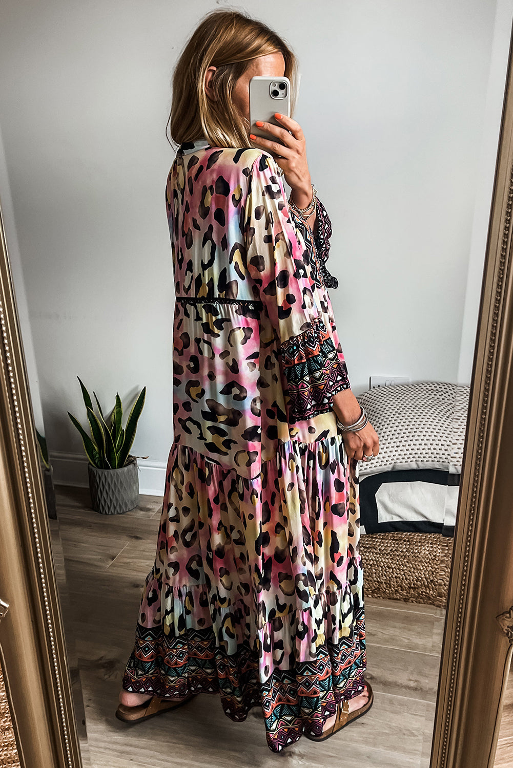 Pink Western Leopard Printed 3/4 Sleeve Buttoned Front Tiered Maxi Dress-Dresses/Maxi Dresses-[Adult]-[Female]-2022 Online Blue Zone Planet