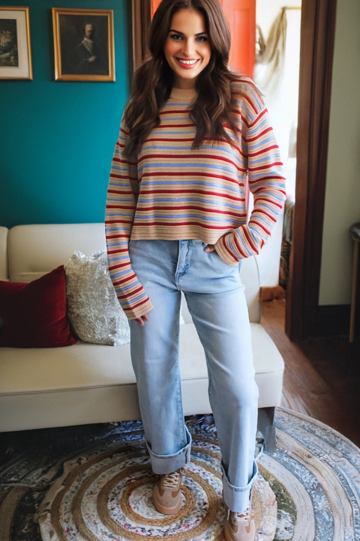 Khaki Stripe Drop Shoulder Cropped Long Sleeve Fall Sweater-TOPS / DRESSES-[Adult]-[Female]-2022 Online Blue Zone Planet