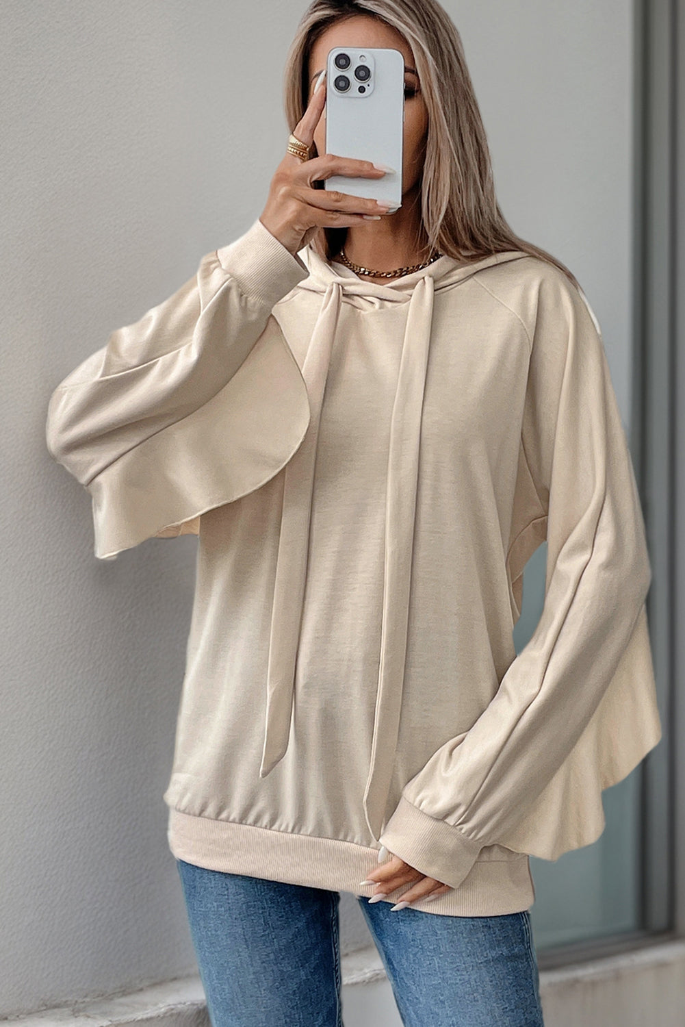 Beige Ruffle Edge Plain Drawstring Hoodie-Sweatshirts & Hoodies-[Adult]-[Female]-2022 Online Blue Zone Planet