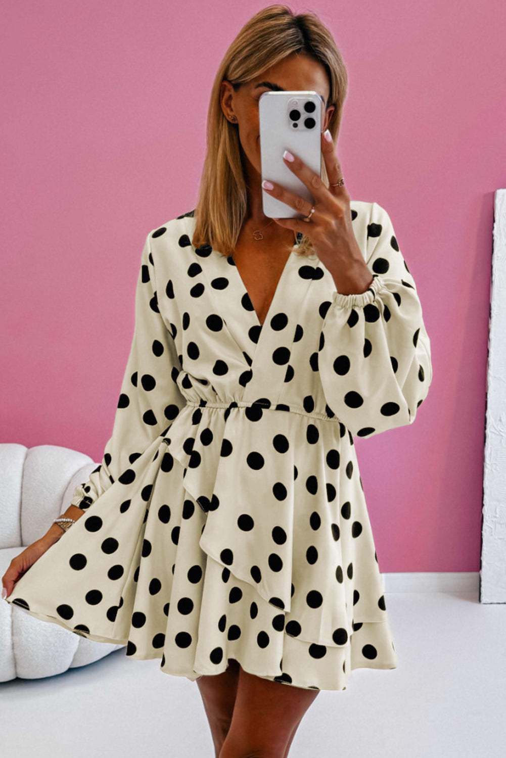 Blue Zone Planet | Beige Polka Dot Printed Surplice V Neck Puff Sleeve Mini Dress-TOPS / DRESSES-[Adult]-[Female]-2022 Online Blue Zone Planet