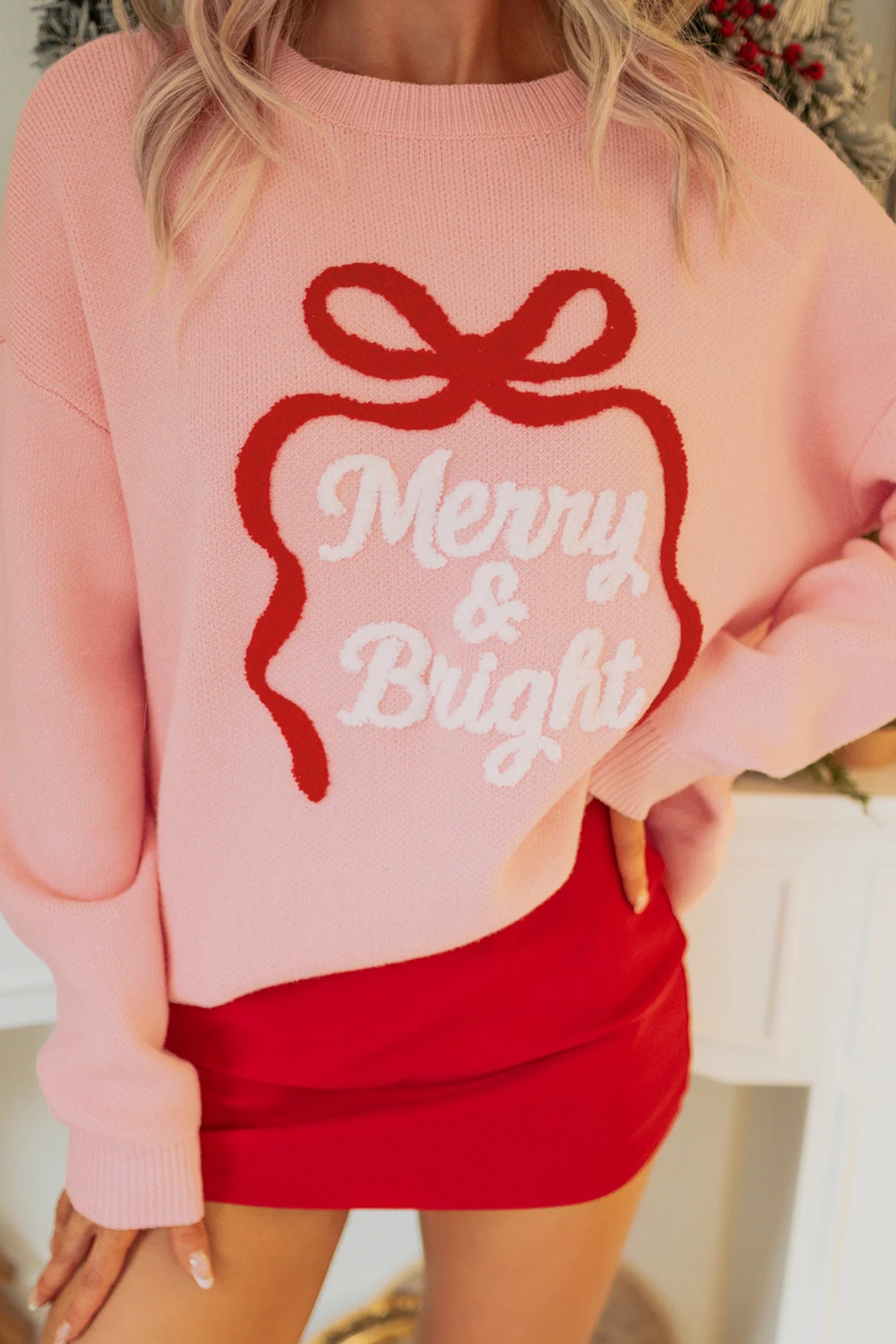 Gossamer Pink Drop Shoulder Round Neck Towel Embroidery Slogan Pullover Sweater-TOPS / DRESSES-[Adult]-[Female]-2022 Online Blue Zone Planet
