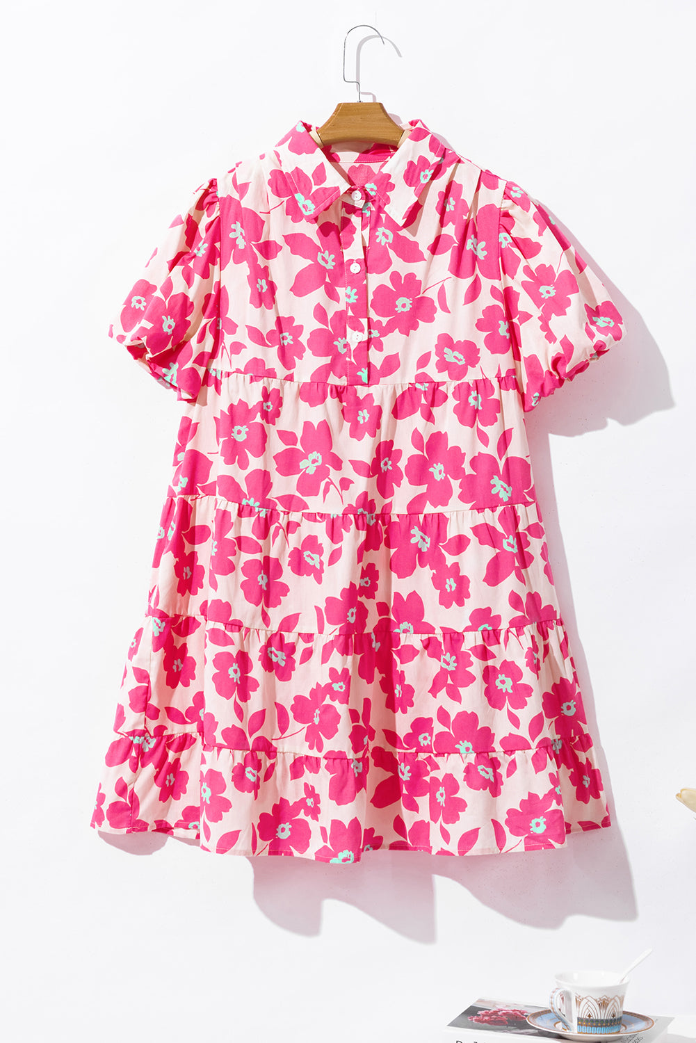 Blue Zone Planet | Pink Floral Tiered Puff Sleeve Mini Shirt Dress-TOPS / DRESSES-[Adult]-[Female]-2022 Online Blue Zone Planet