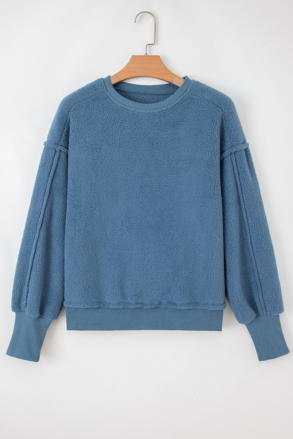 Sail Blue Fleece Drop Shoulder Exposed Seam Patchwork Casual Sweatshirt-Tops/Sweatshirts & Hoodies-[Adult]-[Female]-2022 Online Blue Zone Planet