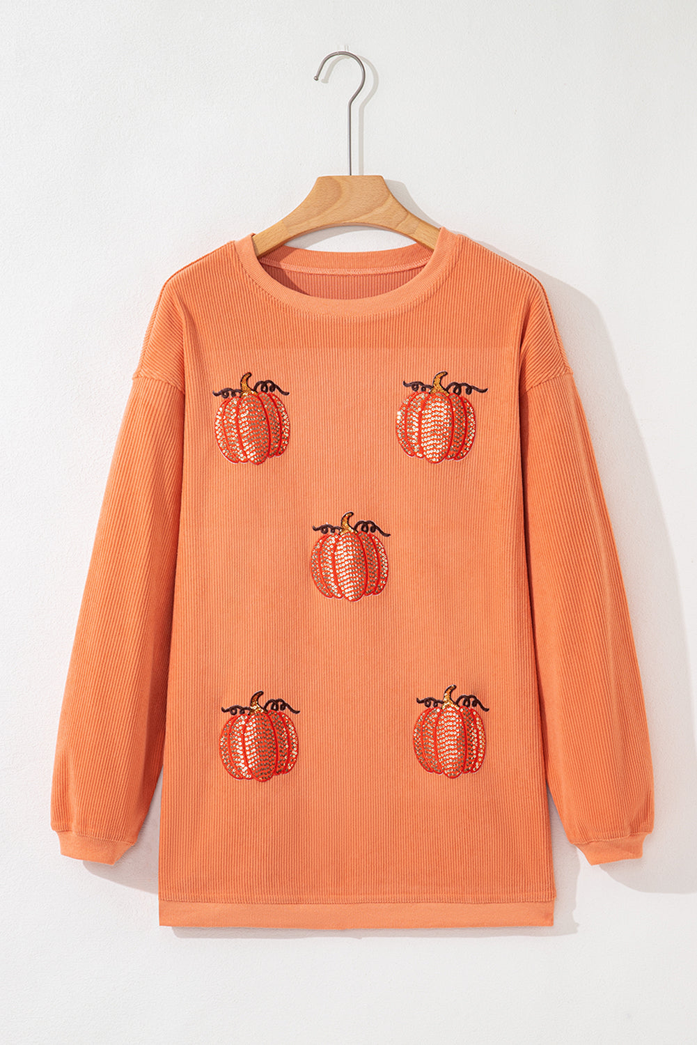 Orange Sequin Pumpkin Patched Twisted Rib Baggy Sweatshirt-Graphic/Graphic Sweatshirts-[Adult]-[Female]-2022 Online Blue Zone Planet