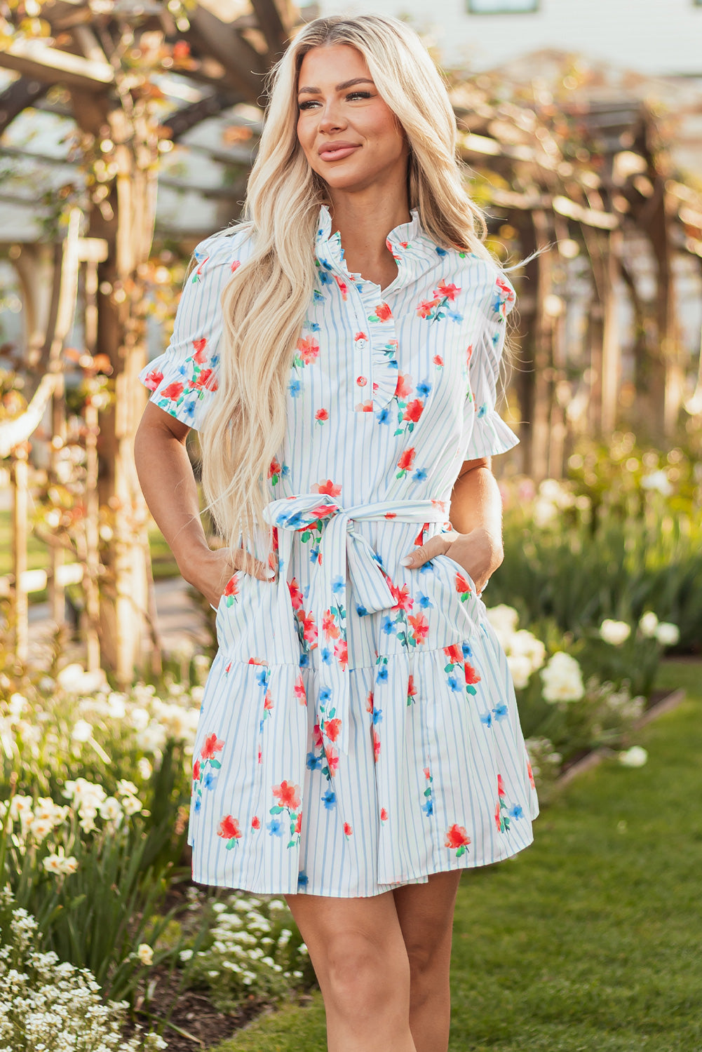 Sky Blue Stripe Floral Pattern Ruffle Short Sleeve Belted Mini Dress-TOPS / DRESSES-[Adult]-[Female]-Sky Blue Stripe-S-2022 Online Blue Zone Planet
