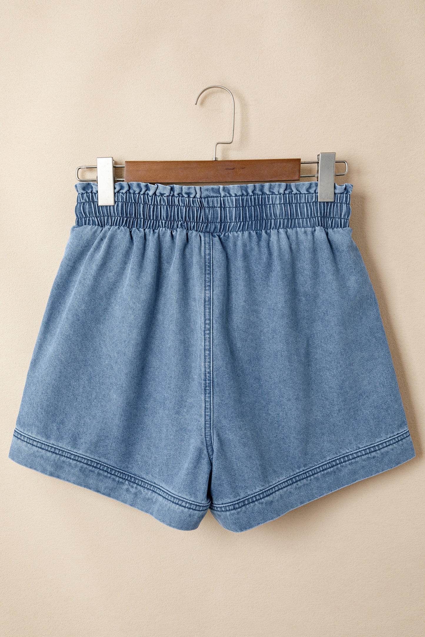 Dusk Blue Smocked Elastic Waist Denim Shorts-Bottoms/Denim Shorts-[Adult]-[Female]-2022 Online Blue Zone Planet