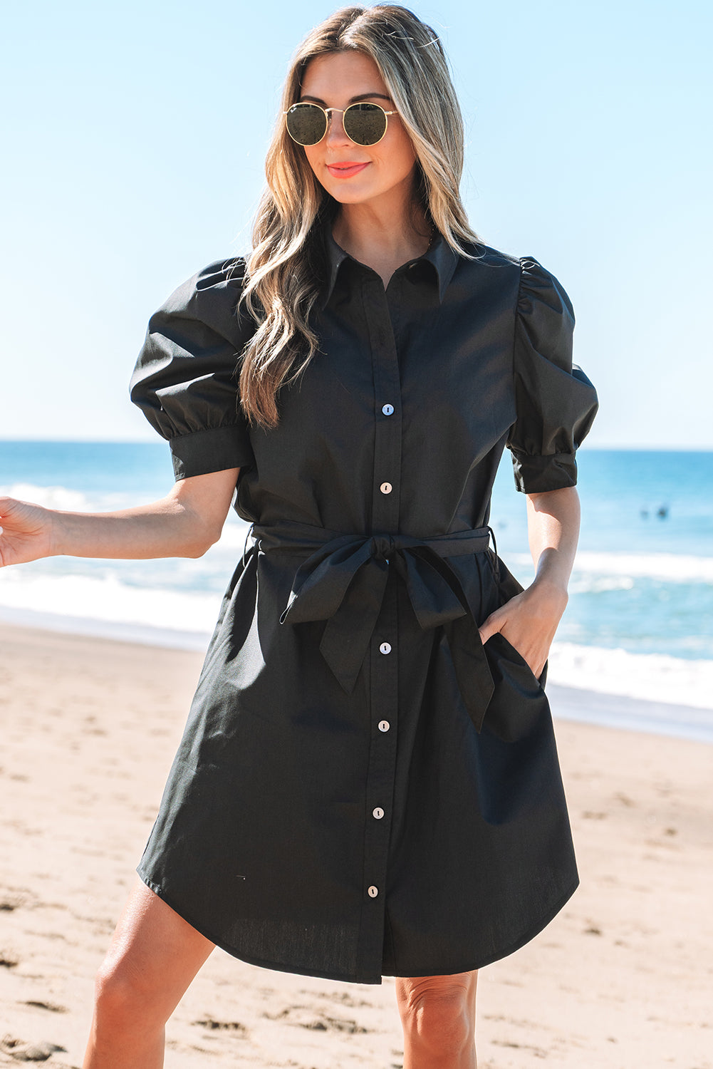 Black Button Up Tie Waist Puff Sleeve Mini Dress-Dresses/Mini Dresses-[Adult]-[Female]-2022 Online Blue Zone Planet