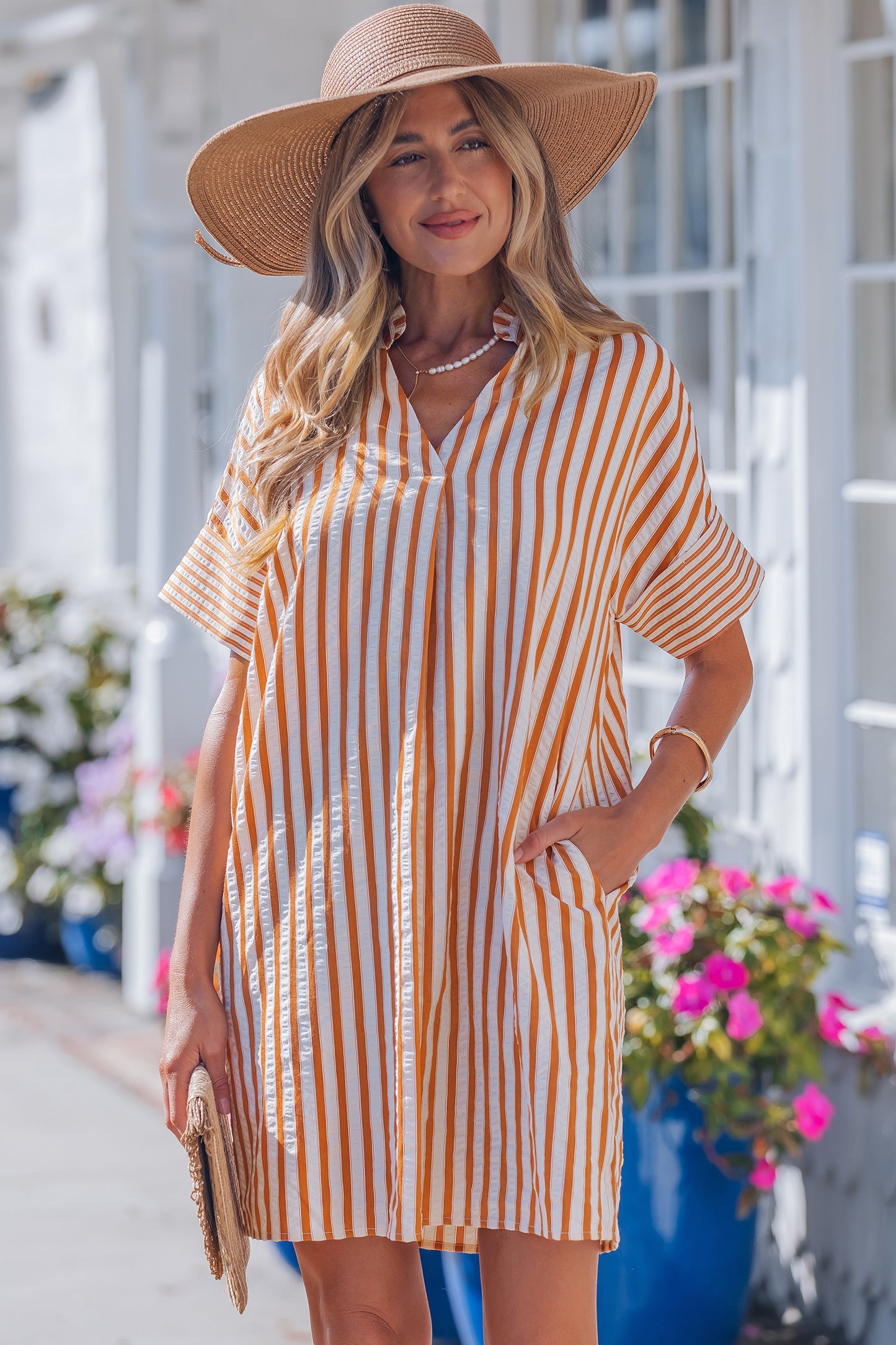 Brown Stripe Pinched V Neck Turn-up Cuffs Shift Mini Dress-TOPS / DRESSES-[Adult]-[Female]-2022 Online Blue Zone Planet