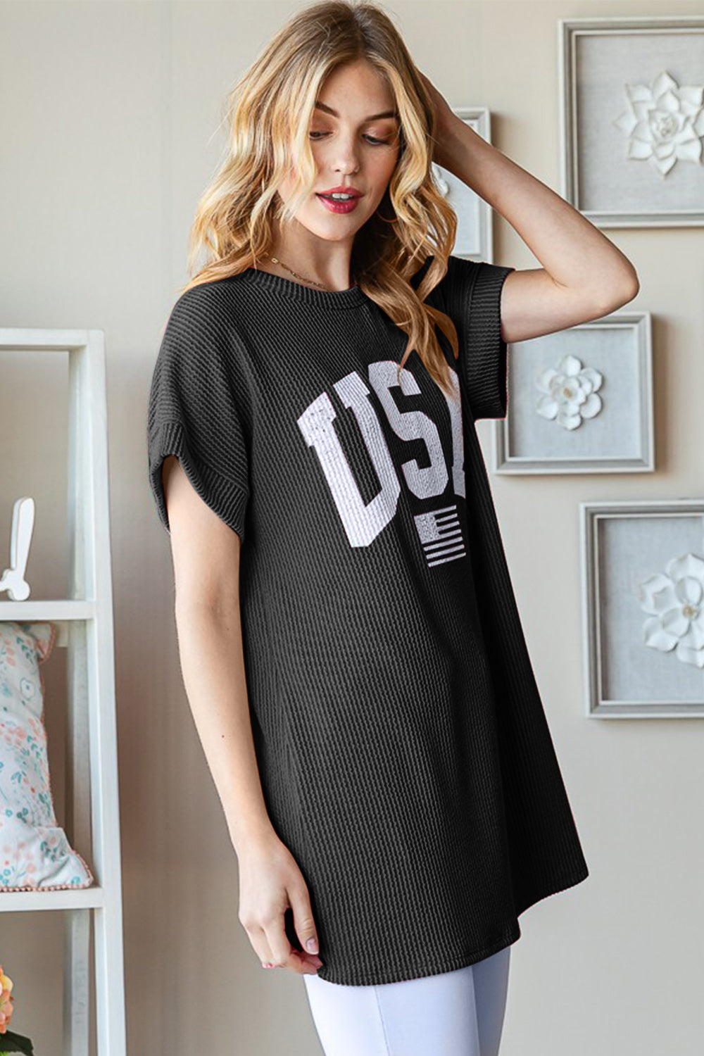 Heimish Full Size USA Graphic Short Sleeve Ribbed Top-TOPS / DRESSES-[Adult]-[Female]-2022 Online Blue Zone Planet