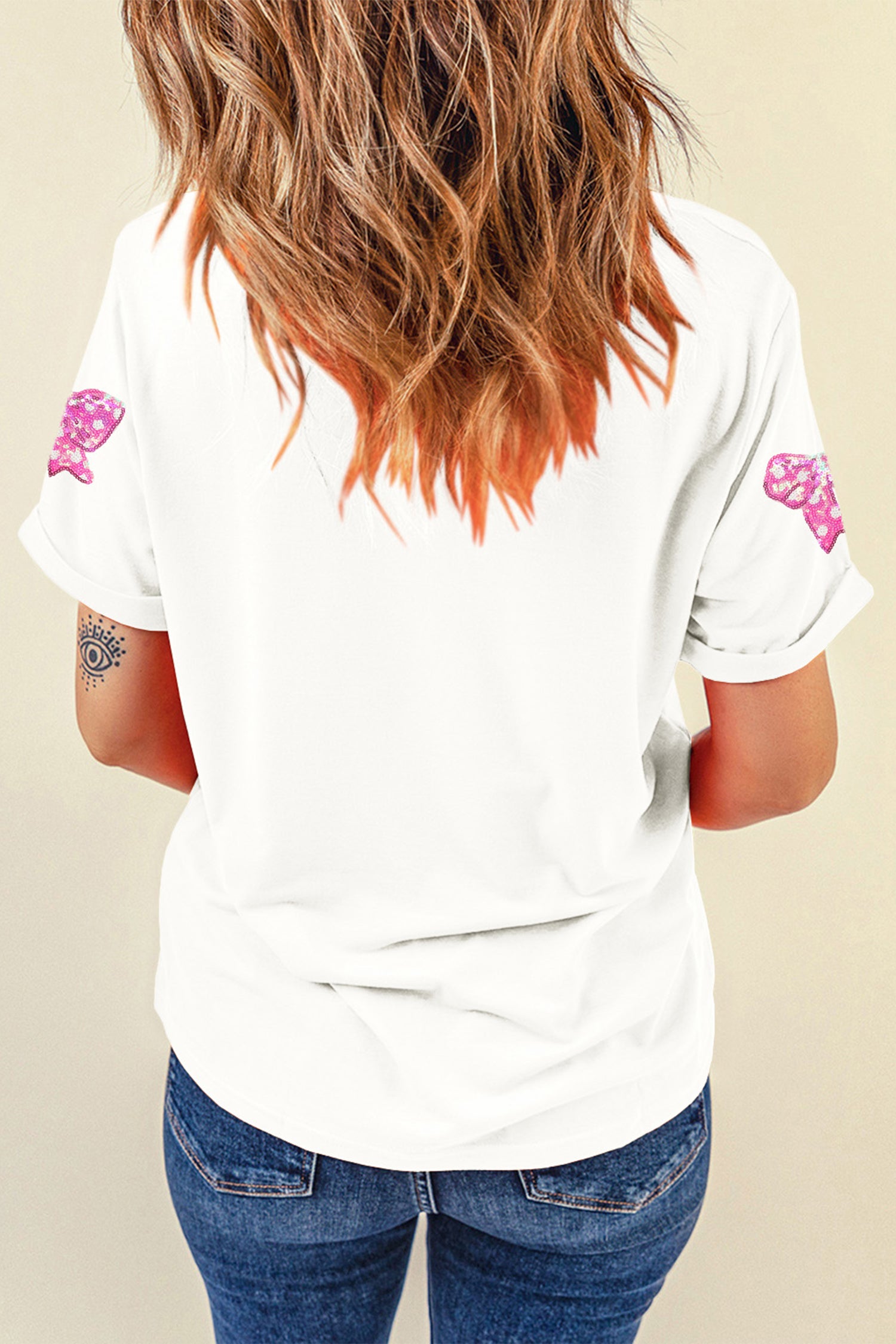 White Shimmering Bow Patched Pattern Valentine T Shirt-Graphic Tees-[Adult]-[Female]-2022 Online Blue Zone Planet