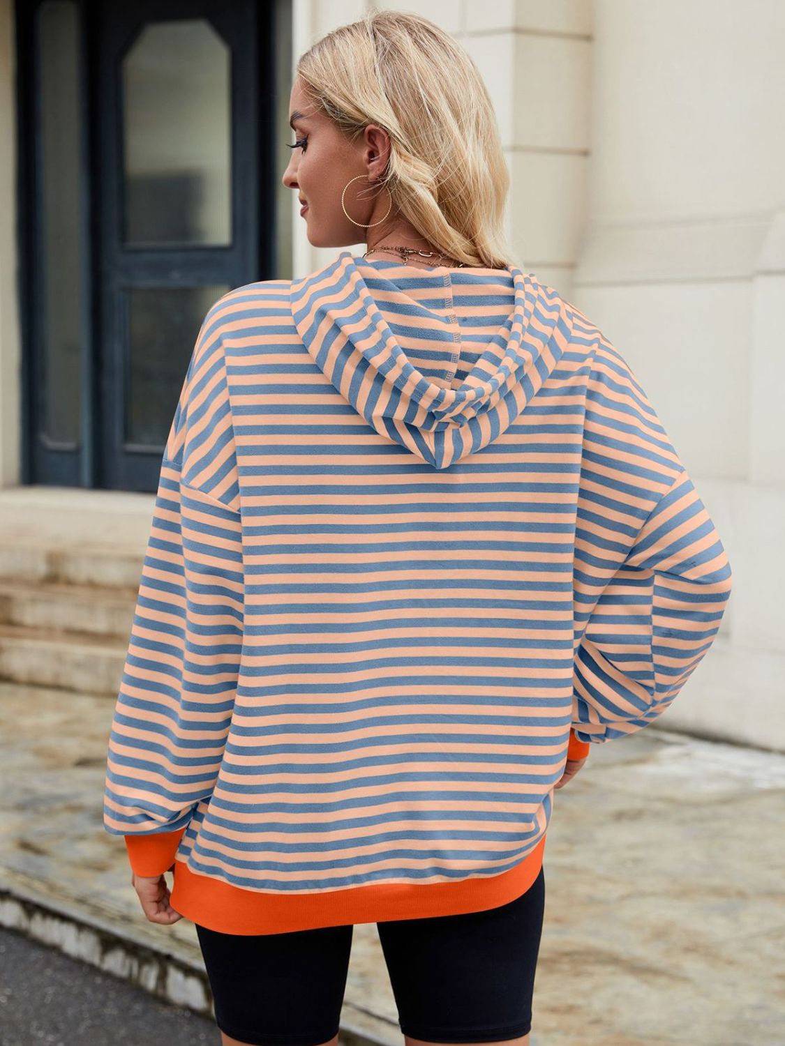 Drawstring Contrast Striped Long Sleeve Hoodie-TOPS / DRESSES-[Adult]-[Female]-2022 Online Blue Zone Planet