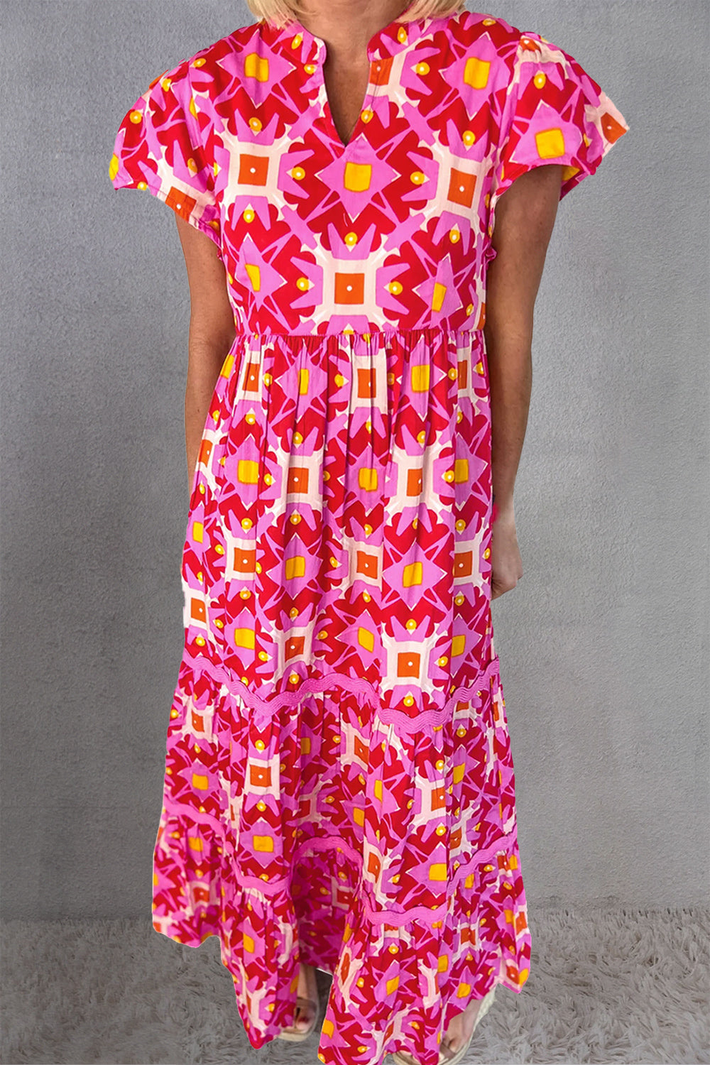 Printed Notched Cap Sleeve Dress-TOPS / DRESSES-[Adult]-[Female]-Hot Pink-S-2022 Online Blue Zone Planet