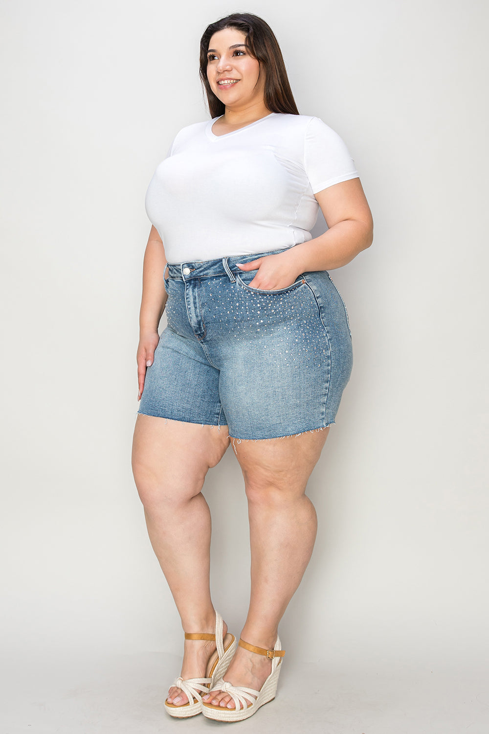 Judy Blue Full Size High Waist Raw Hem Denim Shorts-BOTTOM SIZES SMALL MEDIUM LARGE-[Adult]-[Female]-2022 Online Blue Zone Planet