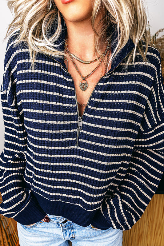 Blue Stripe Textured Knit Half Zip Collared Long Sleeve Top-Tops/Long Sleeve Tops-[Adult]-[Female]-Blue Stripe-S-2022 Online Blue Zone Planet
