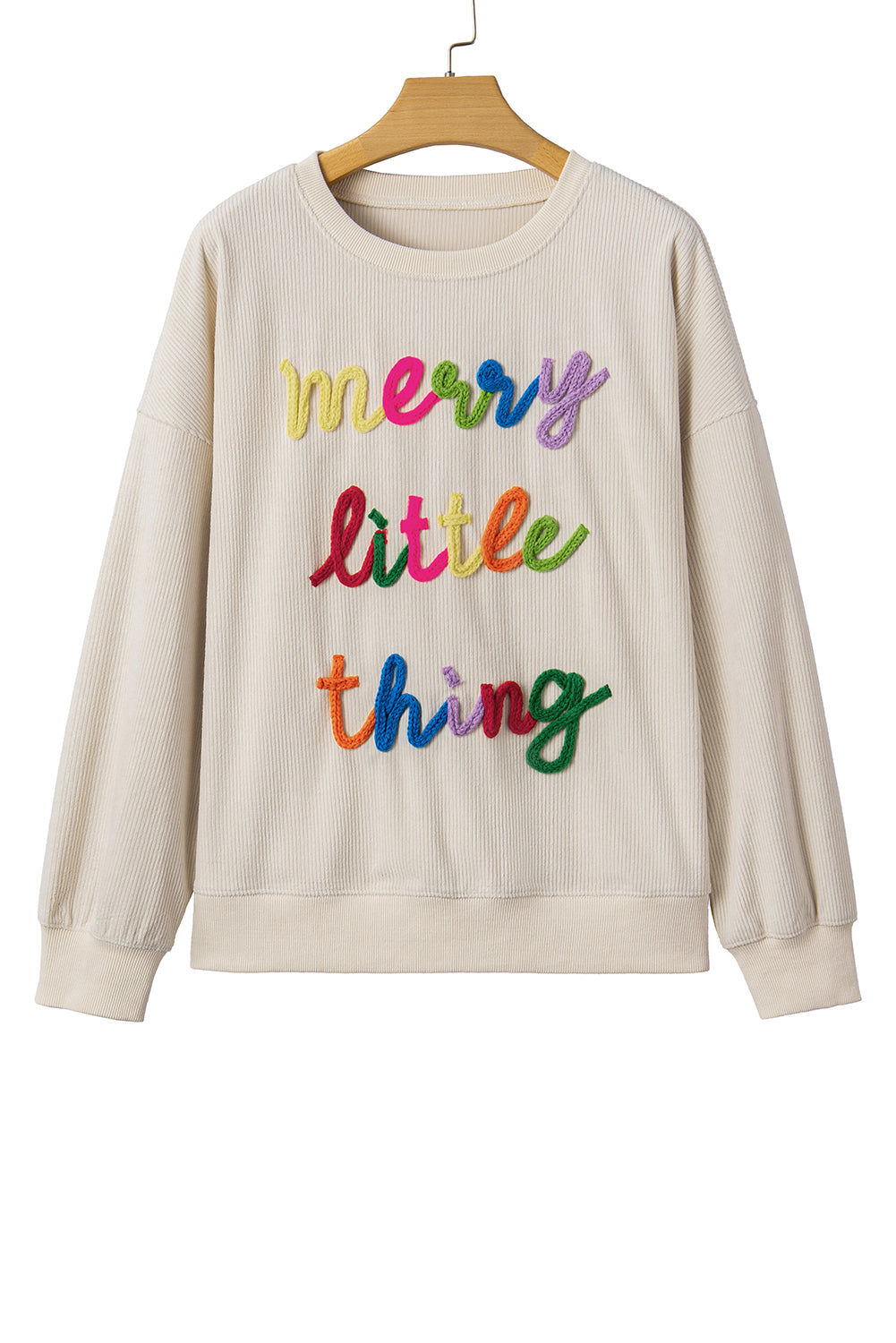 Beige Merry Little Thing Corded Letter Graphic Ribbed Loose Sweatshirt-Tops/Sweatshirts & Hoodies-[Adult]-[Female]-2022 Online Blue Zone Planet