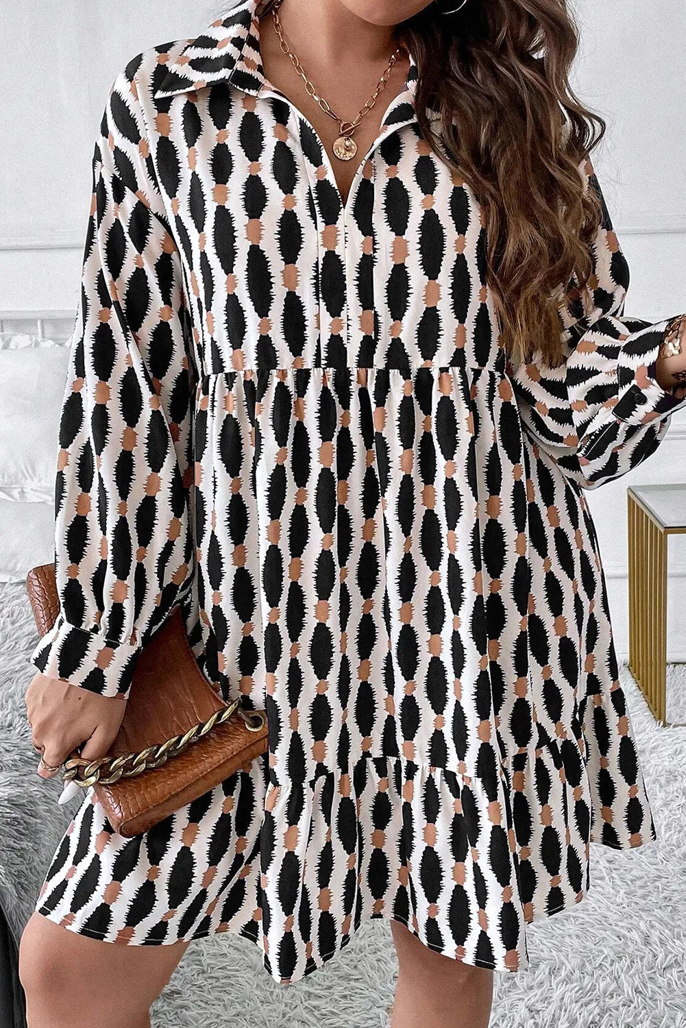 Plus Size Printed Johnny Collar Long Sleeve Dress-TOPS / DRESSES-[Adult]-[Female]-Black-1XL-2022 Online Blue Zone Planet