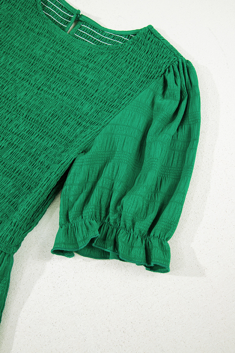 Dark Green Solid Textured Smocked Puff Short Sleeve High Waist Long Dress-TOPS / DRESSES-[Adult]-[Female]-2022 Online Blue Zone Planet
