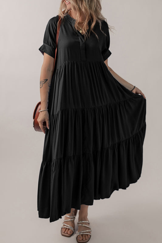 Black Hidden Buttons Short Sleeve Ruffle Tiered Long Flared Dress-TOPS / DRESSES-[Adult]-[Female]-Black-S-2022 Online Blue Zone Planet