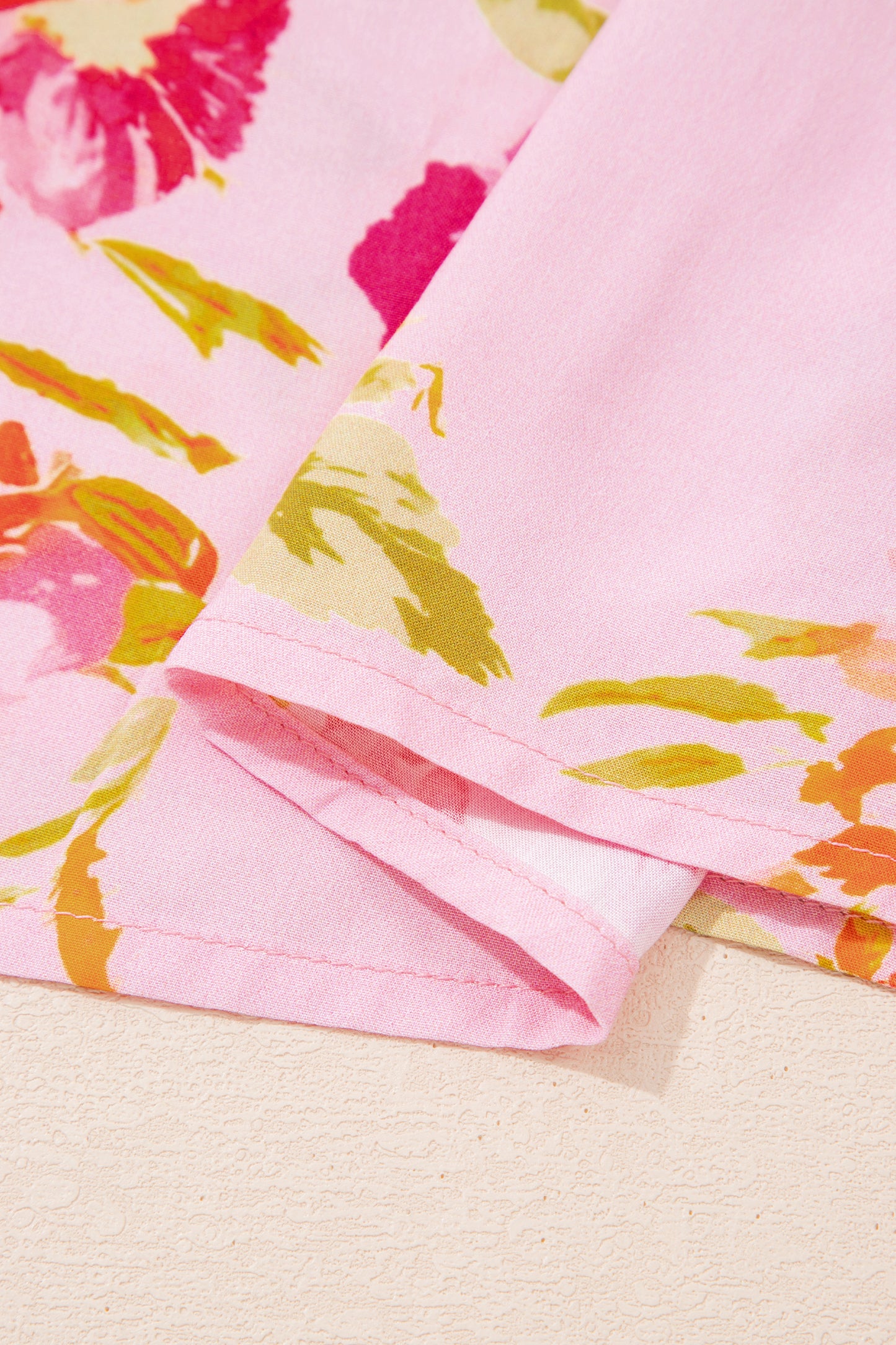Pink Floral Print Tie Neck Puffy Half Sleeve Blouse-Tops/Blouses & Shirts-[Adult]-[Female]-2022 Online Blue Zone Planet