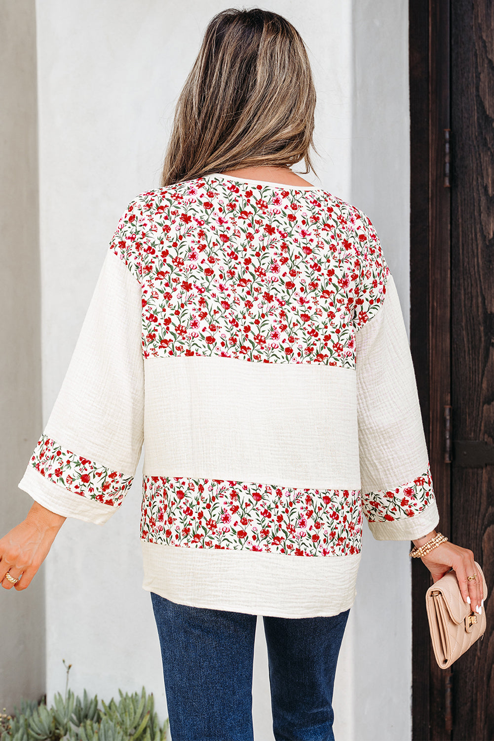 Red Floral Print Gauze Patchwork Henley Button 3/4 Sleeve Blouse-Tops/Blouses & Shirts-[Adult]-[Female]-2022 Online Blue Zone Planet