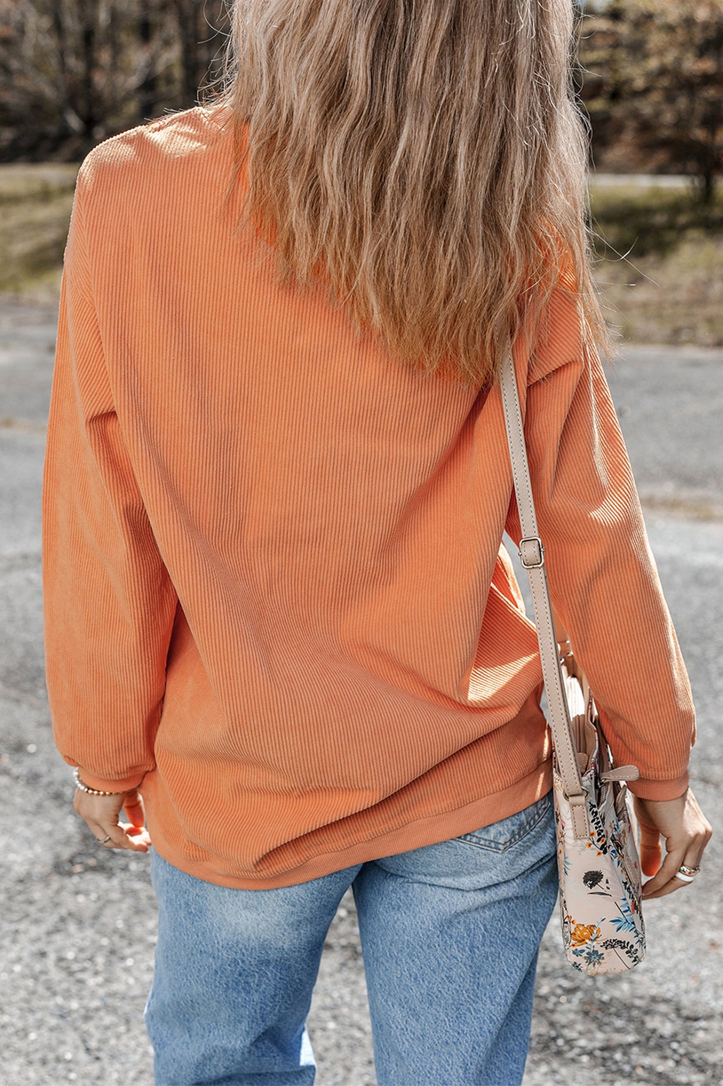 Orange Patchwork Pumpkin Graphic Corded Ribbed Round Neck Tunic Sweatshirt-Graphic/Graphic Sweatshirts-[Adult]-[Female]-2022 Online Blue Zone Planet