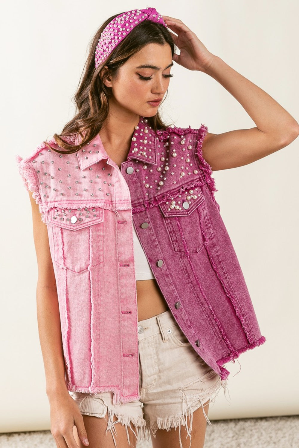 BiBi Pearl & Rhinestone Decor Contrast Raw Hem Vest Coat-TOPS / DRESSES-[Adult]-[Female]-Pink/Fuchsia-S-2022 Online Blue Zone Planet