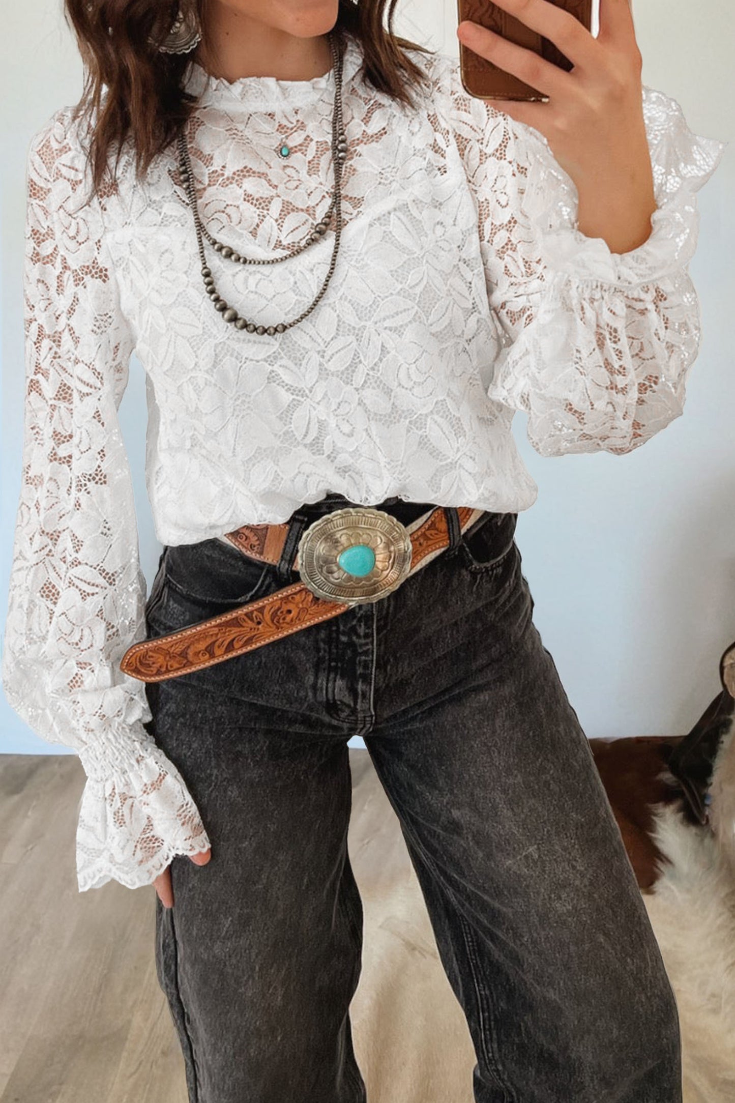 White Ruffled Round Neck Long Flounce Sleeve Sheer Lace Blouse-Tops/Blouses & Shirts-[Adult]-[Female]-White-S-2022 Online Blue Zone Planet