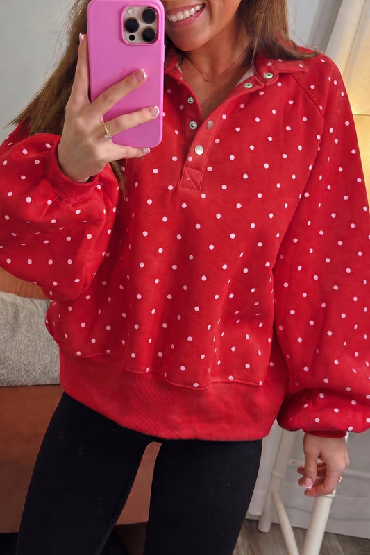 Red Polka Dot Print Metal Button Collar Casual Pullover Sweatshirt-Tops/Sweatshirts & Hoodies-[Adult]-[Female]-Red-S-2022 Online Blue Zone Planet