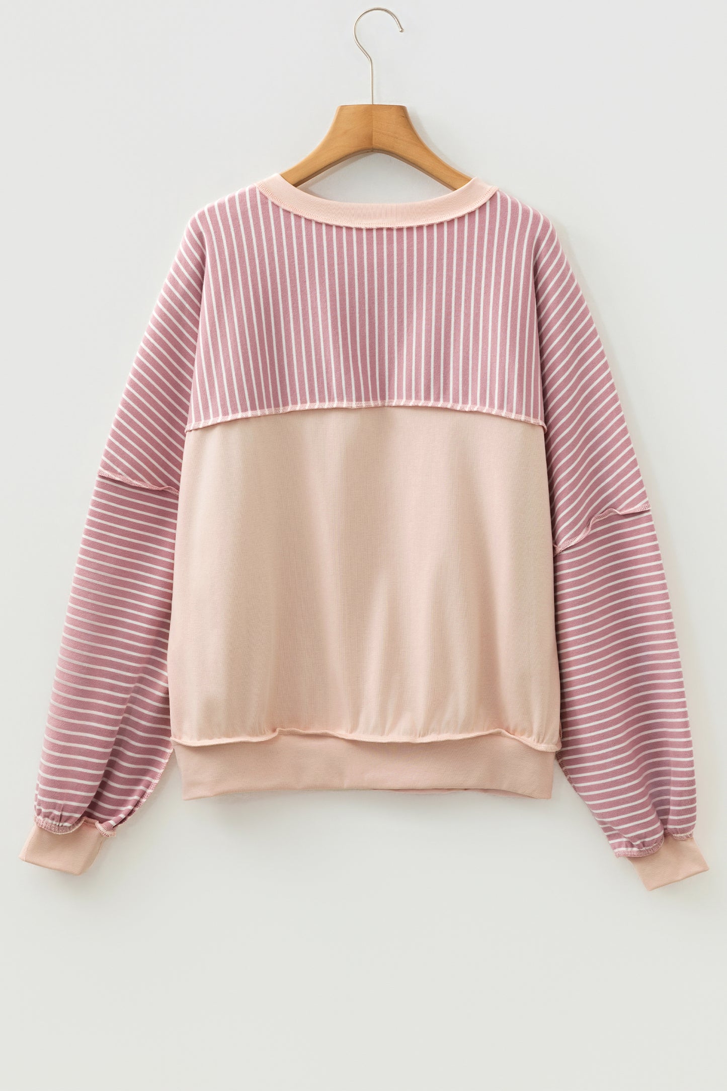 Pink Stripe Exposed Stitching Patchwork Casual Long Sleeve Top-Tops/Long Sleeve Tops-[Adult]-[Female]-2022 Online Blue Zone Planet
