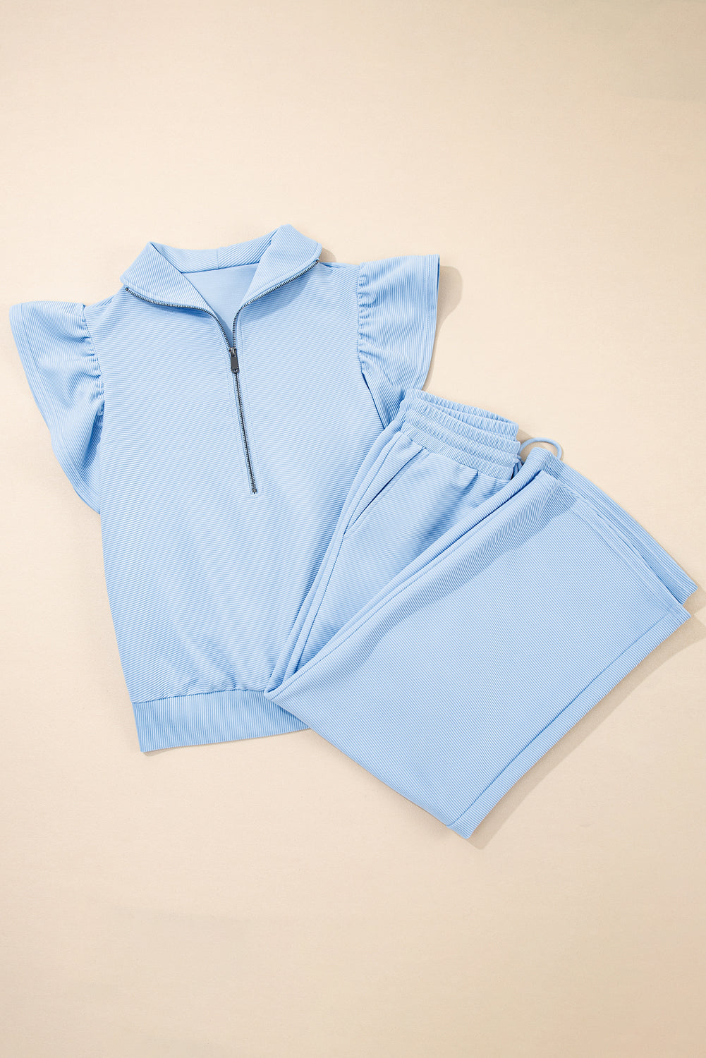 Beau Blue Textured Ruffled Sleeve Zipped Top and Wide Leg Pants Set-Two Piece Sets/Pant Sets-[Adult]-[Female]-2022 Online Blue Zone Planet