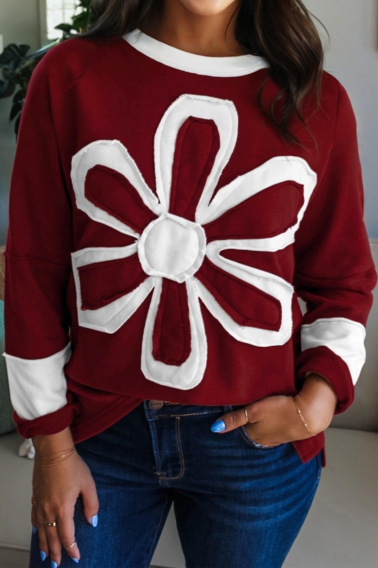 Red Dahlia Cheerful Daisy Flower Patched Round Neck Long Sleeve Top-Tops/Long Sleeve Tops-[Adult]-[Female]-2022 Online Blue Zone Planet
