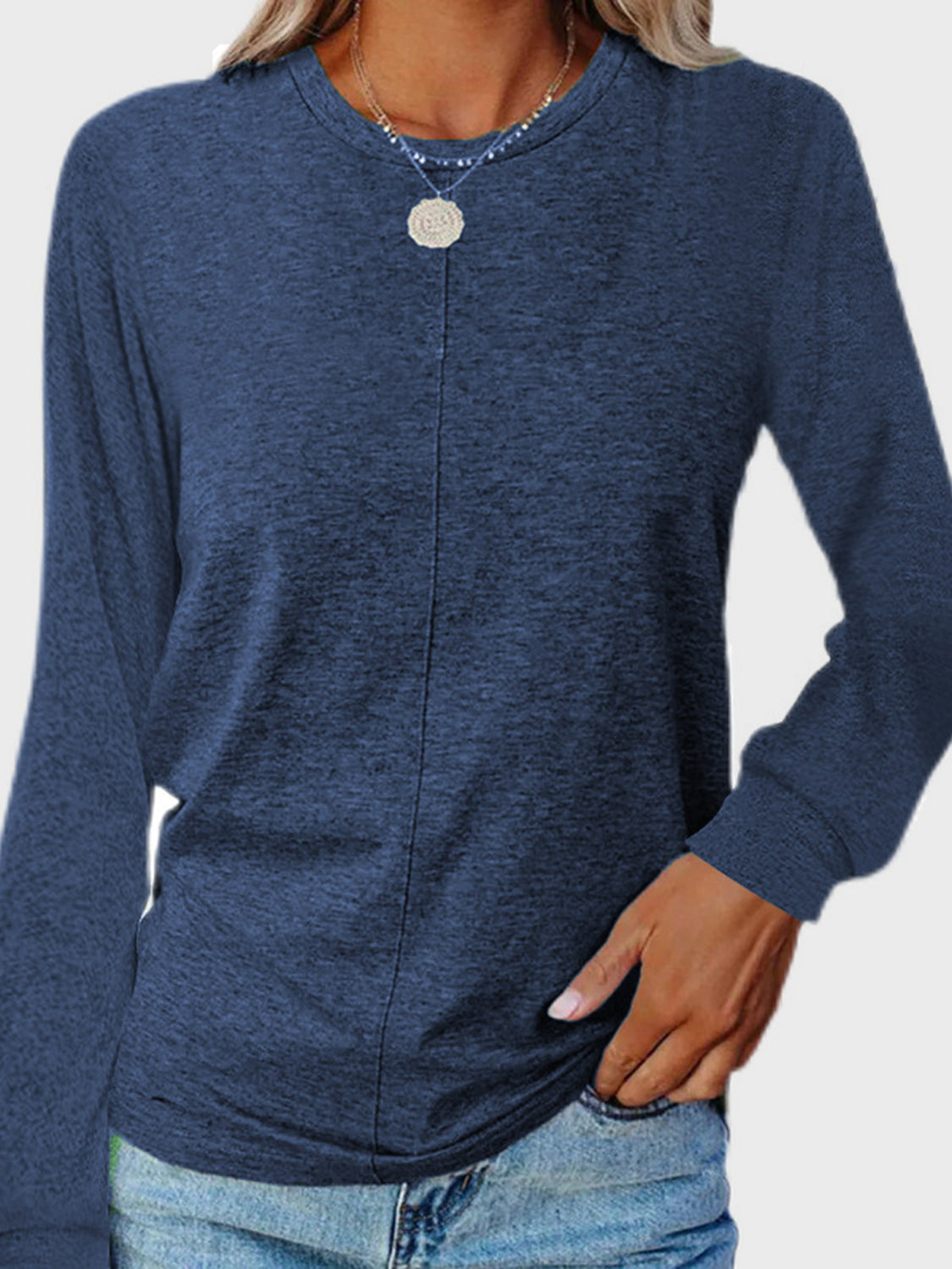 Full Size Round Neck Long Sleeve T-Shirt-TOPS / DRESSES-[Adult]-[Female]-Peacock Blue-S-2022 Online Blue Zone Planet