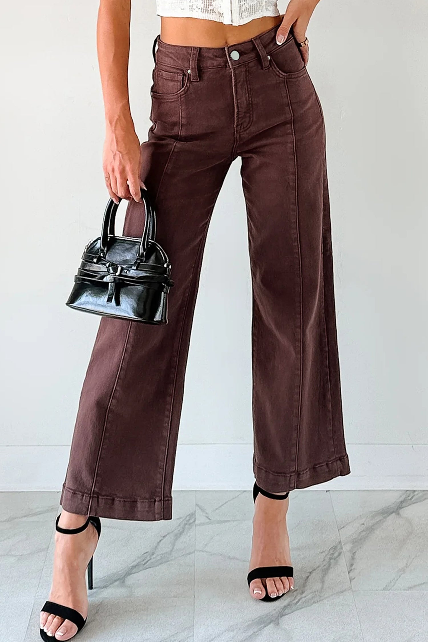 Red Sandalwood Solid Color Seamed Center Wide Leg Cropped Jeans-Bottoms/Jeans-[Adult]-[Female]-2022 Online Blue Zone Planet