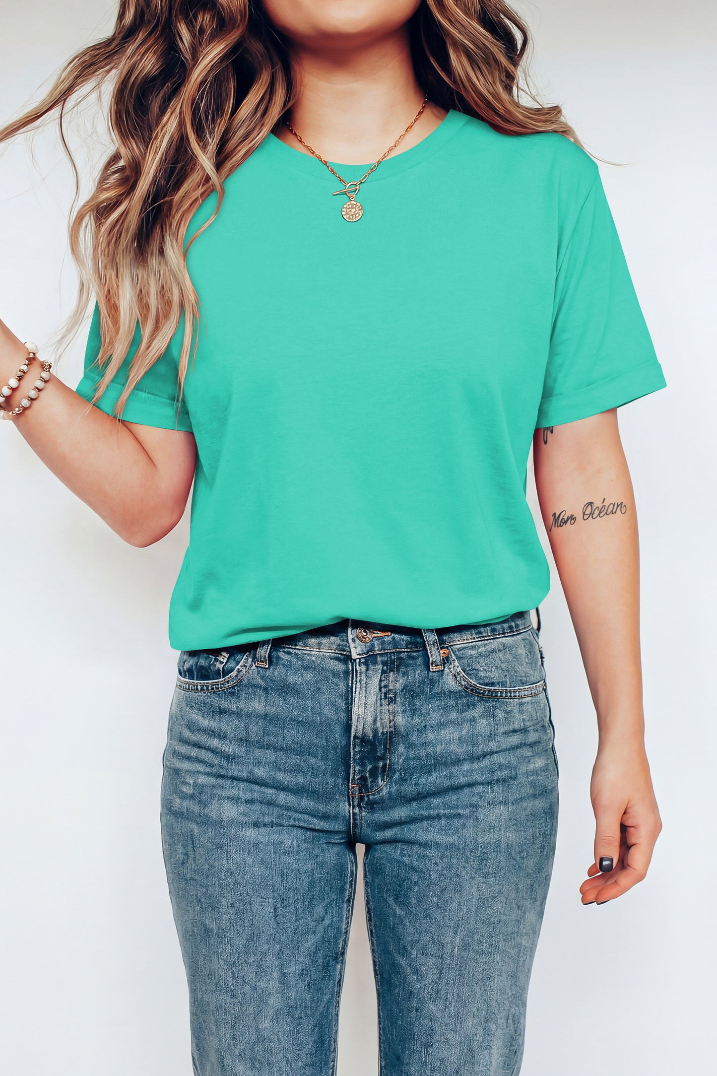 Mint Green Casual Plain Crew Neck Tee-Tops/Tops & Tees-[Adult]-[Female]-2022 Online Blue Zone Planet