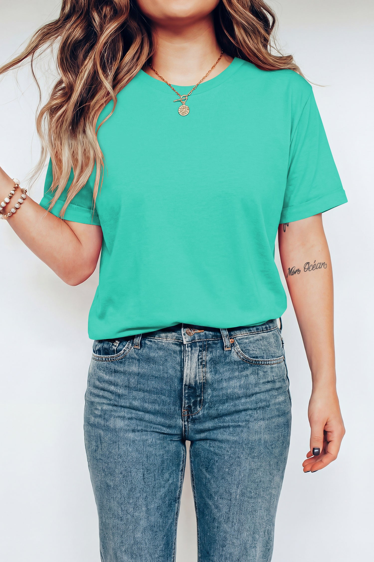 Mint Green Casual Plain Crew Neck Tee-Tops/Tops & Tees-[Adult]-[Female]-2022 Online Blue Zone Planet