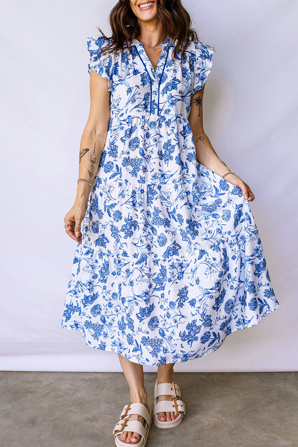 Blue Ruffled Short Sleeve Tiered Floral Midi Dress-Dresses/Floral Dresses-[Adult]-[Female]-2022 Online Blue Zone Planet