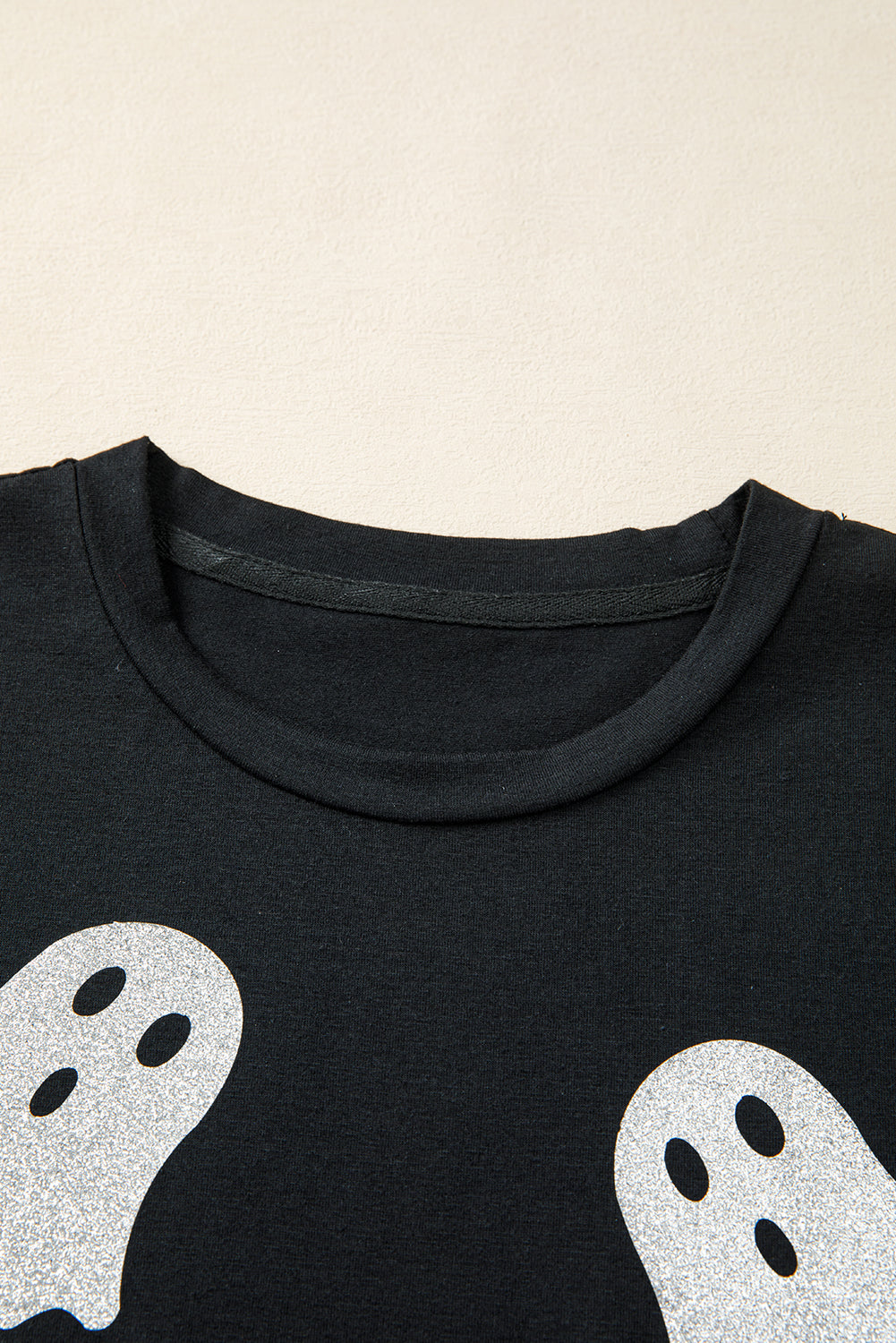 Black Glitter Ghost Pattern Crew Neck Halloween T Shirt-Graphic/Graphic Tees-[Adult]-[Female]-2022 Online Blue Zone Planet