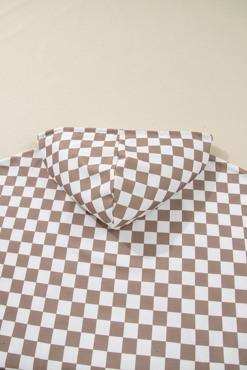 Khaki Double Checkered Patchwork Tie Neck Oversize Hoodie-Tops / Dresses-[Adult]-[Female]-2022 Online Blue Zone Planet