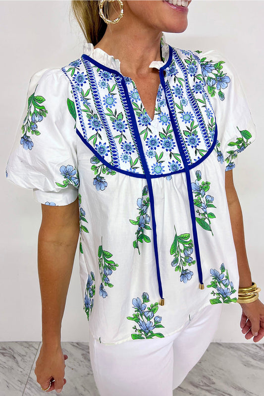 Beige Floral Print Piping Trim Tie Neck Short Sleeve Blouse-Tops/Blouses & Shirts-[Adult]-[Female]-Beige-S-2022 Online Blue Zone Planet