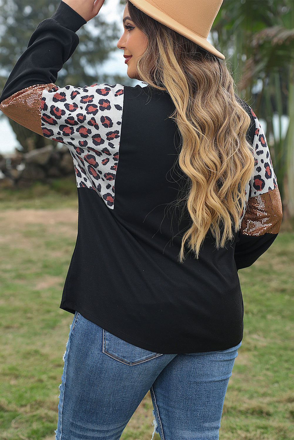 Black Leopard Sequin Patch Plus Size Long Sleeve Top-Plus Size/Plus Size Tops/Plus Size Long Sleeve Tops-[Adult]-[Female]-2022 Online Blue Zone Planet