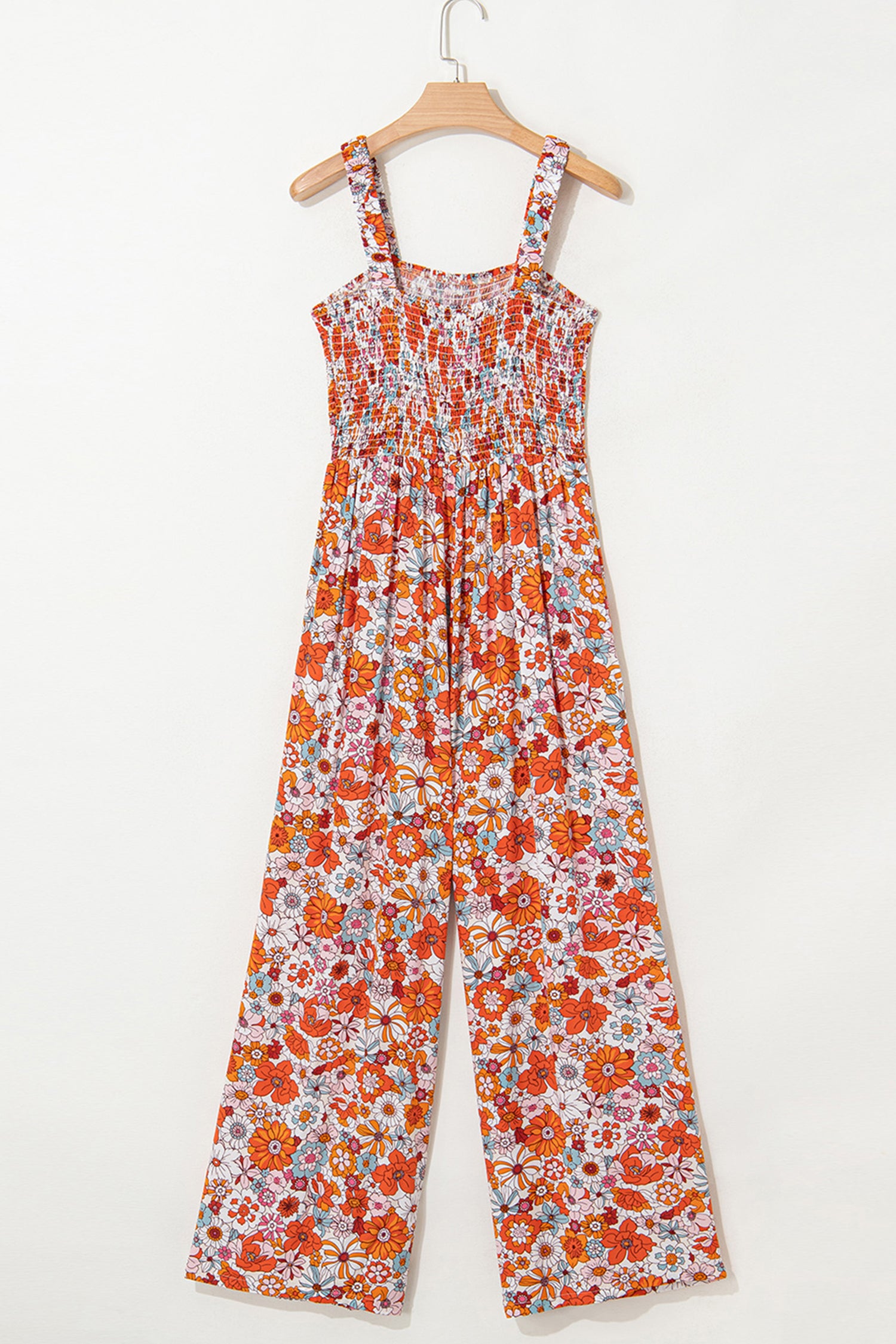 Orange Floral Print Sleeveless Smocked Shift Jumpsuit-Bottoms/Jumpsuits & Rompers-[Adult]-[Female]-2022 Online Blue Zone Planet