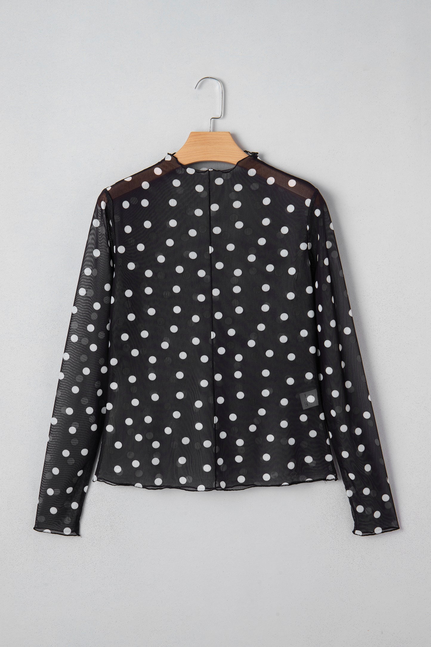 Black Polka Dot Patterned Bodycon Mock Neck Mesh Long Sleeve Top-Tops/Long Sleeve Tops-[Adult]-[Female]-2022 Online Blue Zone Planet