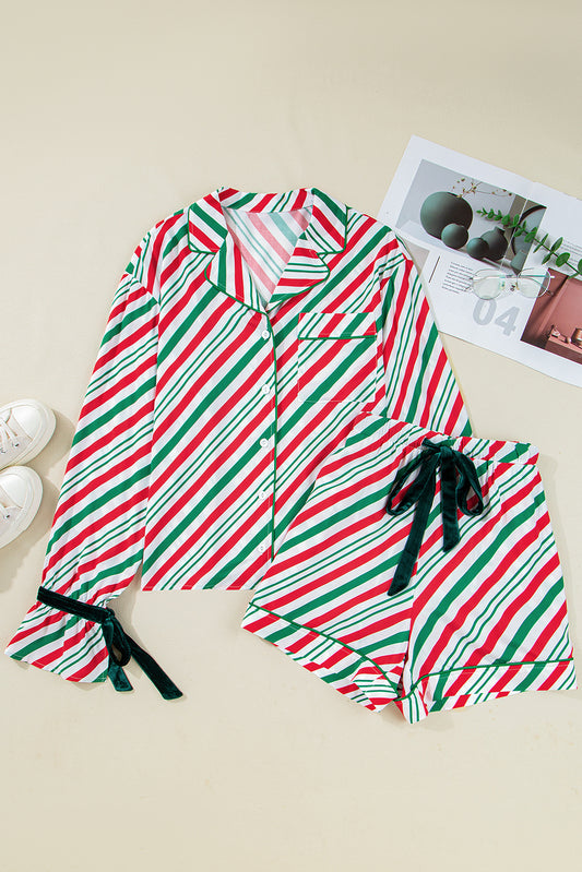 Green Stripe Contrast Velvet Ribbon Knot Christmas 2pcs Pajama Set-Loungewear & Sleepwear/Sleepwear-[Adult]-[Female]-2022 Online Blue Zone Planet