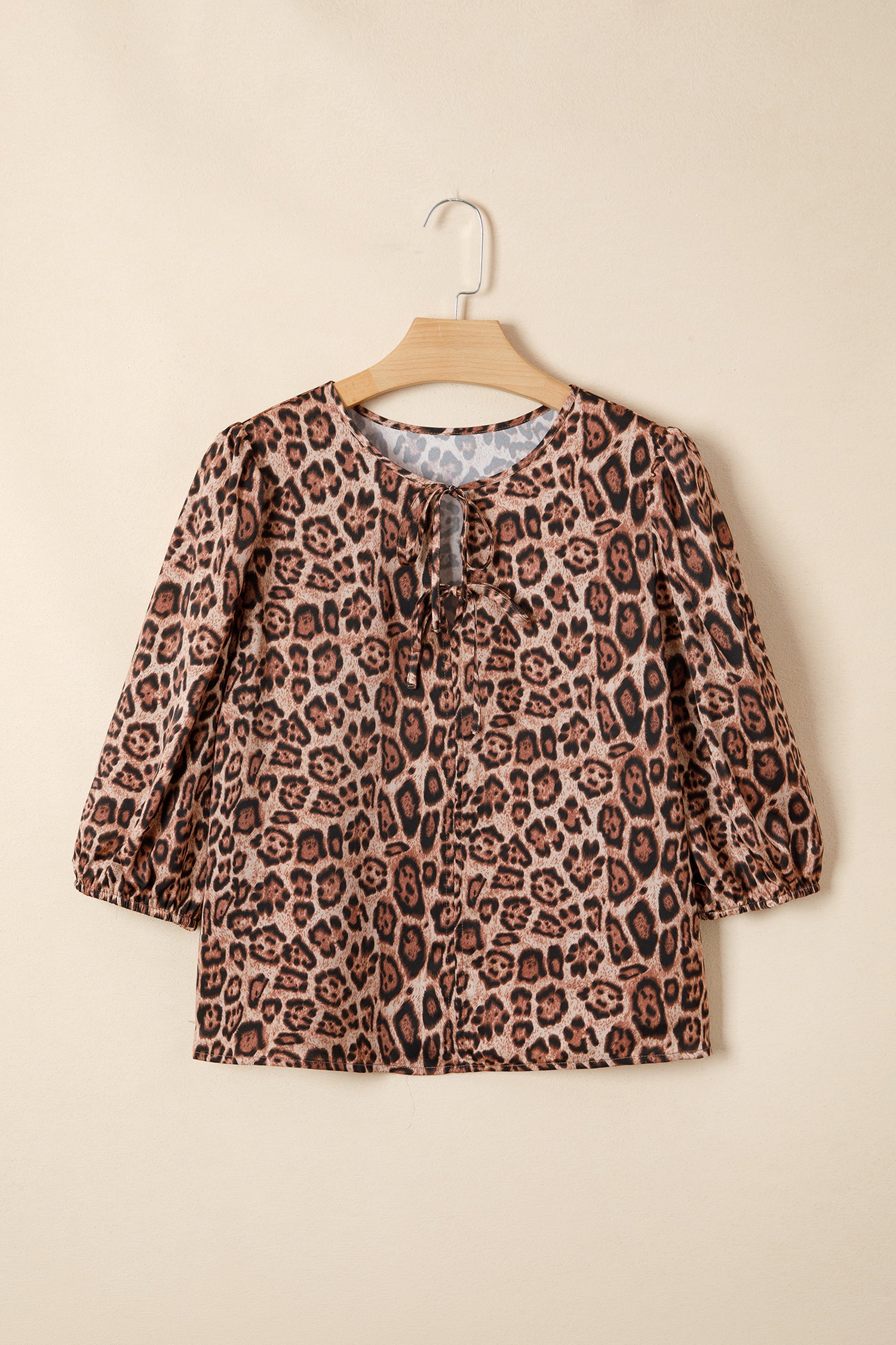Brown Leopard Bow Tie Puff Sleeve Blouse-Tops/Blouses & Shirts-[Adult]-[Female]-2022 Online Blue Zone Planet