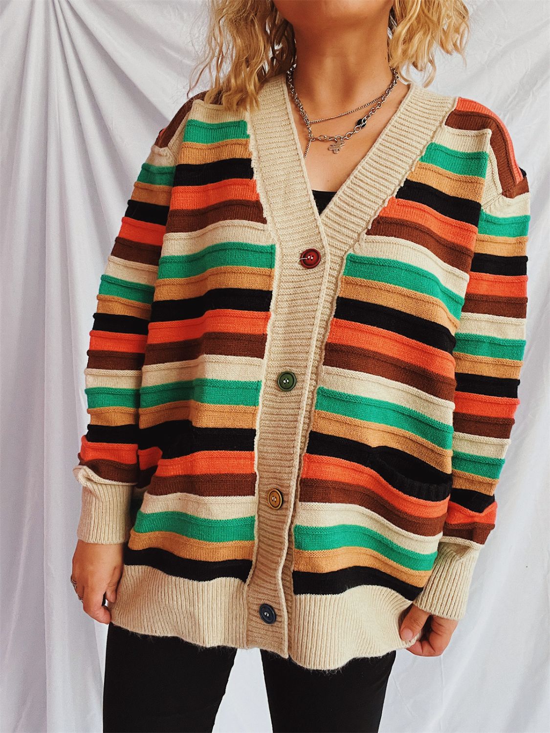 Contrast Stripes Button Up Long Sleeve Cardigan-TOPS / DRESSES-[Adult]-[Female]-Tan-One Size-2022 Online Blue Zone Planet